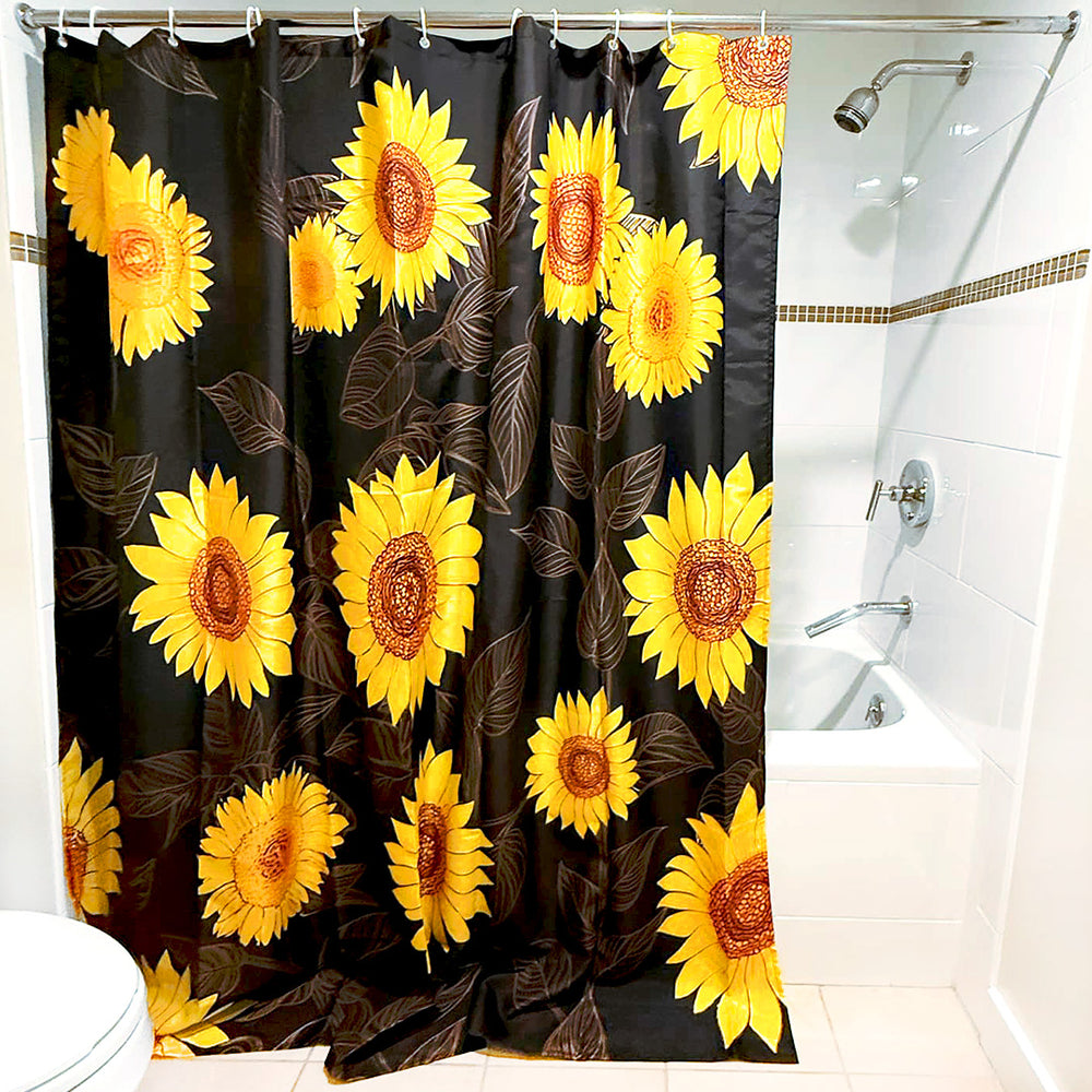 Load image into Gallery viewer, Sunflower Boho Shower Curtain | Black & Yellow Cute Floral Bathroom Decor