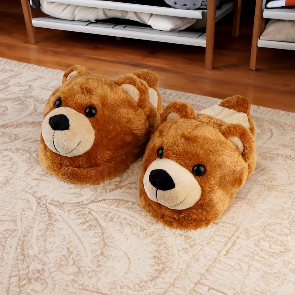 Load image into Gallery viewer, Bear Slippers - Poofy Plush Brown Women M