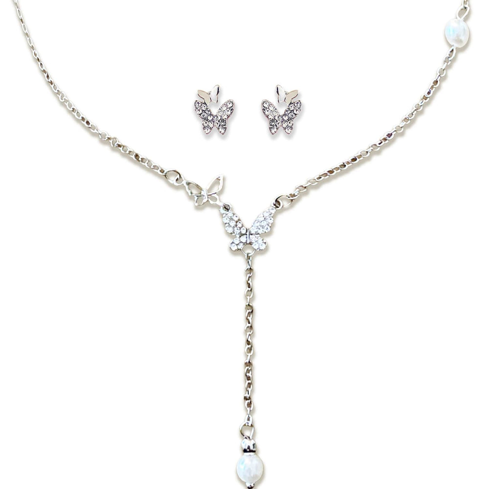 Load image into Gallery viewer, Butterfly Jewelry Set - Silver Pearl Necklace Earrings
