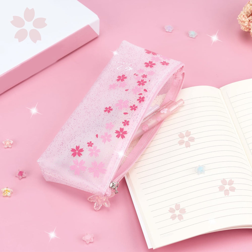 Load image into Gallery viewer, Sakura Pouch - Cute Glitter Clear Pink Pen Pencil Makeup Bag