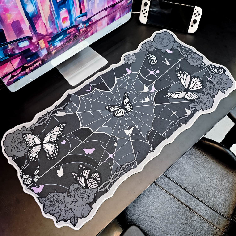 Load image into Gallery viewer, Butterfly Desk Pad | Rose Spider Web Halloween Witch Gothic Mousepad
