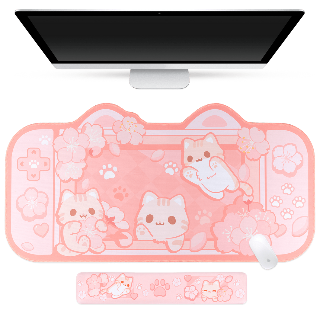 Sakura Cat Mousepad - Kawaii Desk Mat Mouse Pad with Wrist Support
